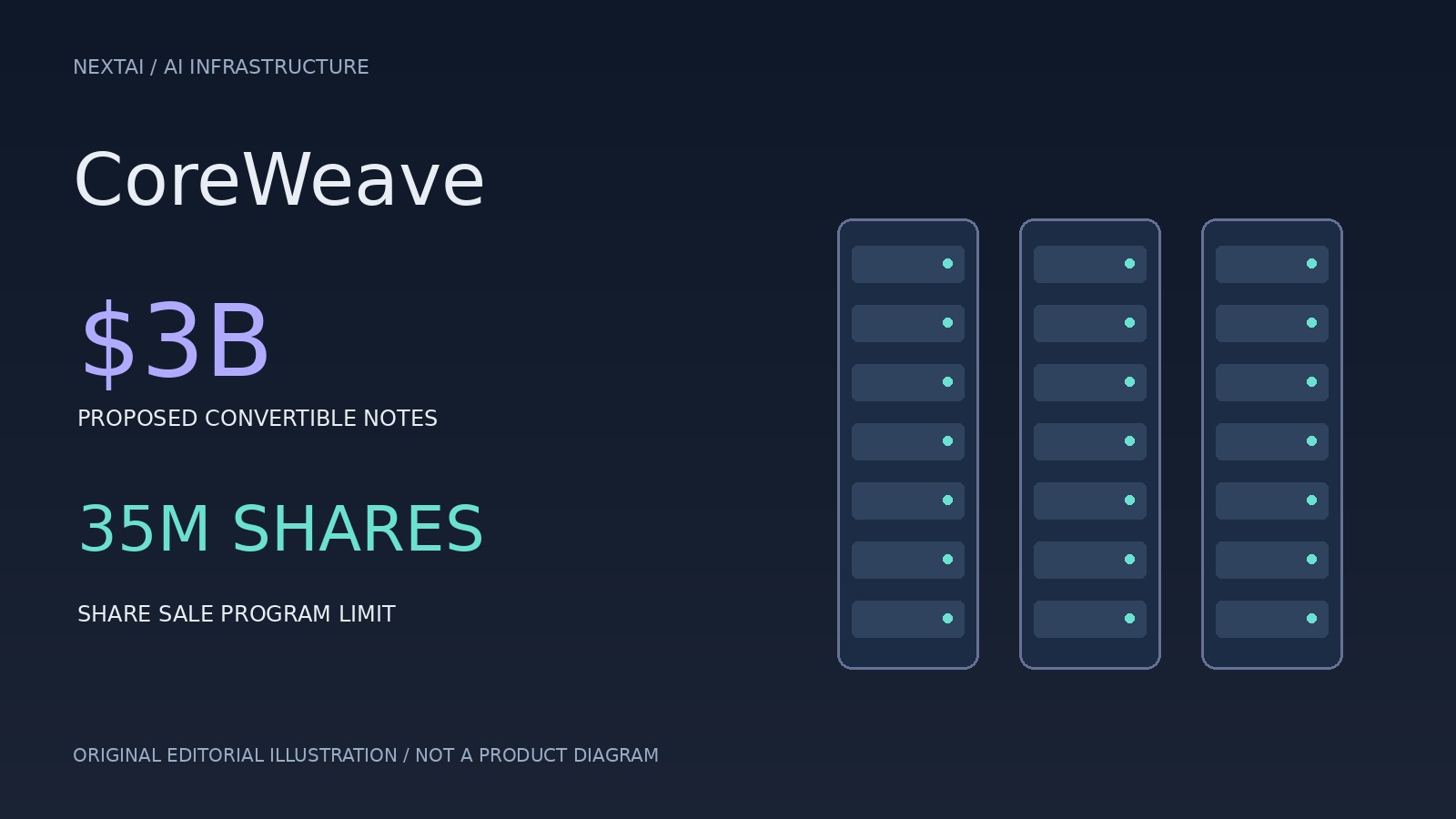 איור מערכתי: מימון תשתיות AI של CoreWeave — אג״ח מתוכננות ומסגרת למכירת מניות